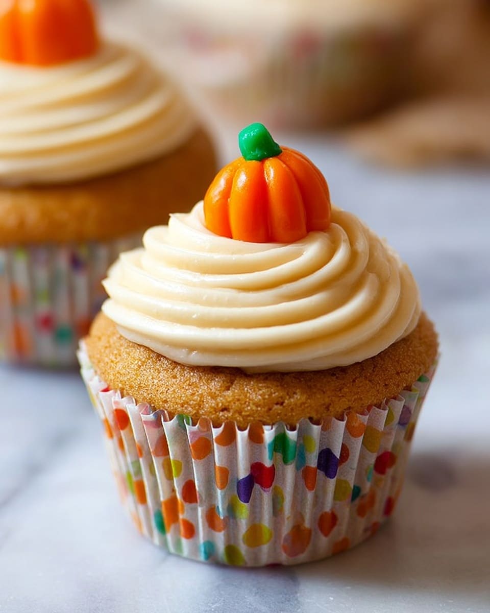 A close-up shows a single cupcake with a light brown, spongy texture as the base, wrapped in a colorful polka dot paper liner. On top, there is one thick swirl of smooth, cream-colored frosting with soft ridges, and at the center of the frosting sits a small, bright orange candy shaped like a pumpkin with a green top. The cupcake is placed on a white marbled surface with a soft-focus similar cupcake in the background. photo taken with an iphone --ar 4:5 --v 7