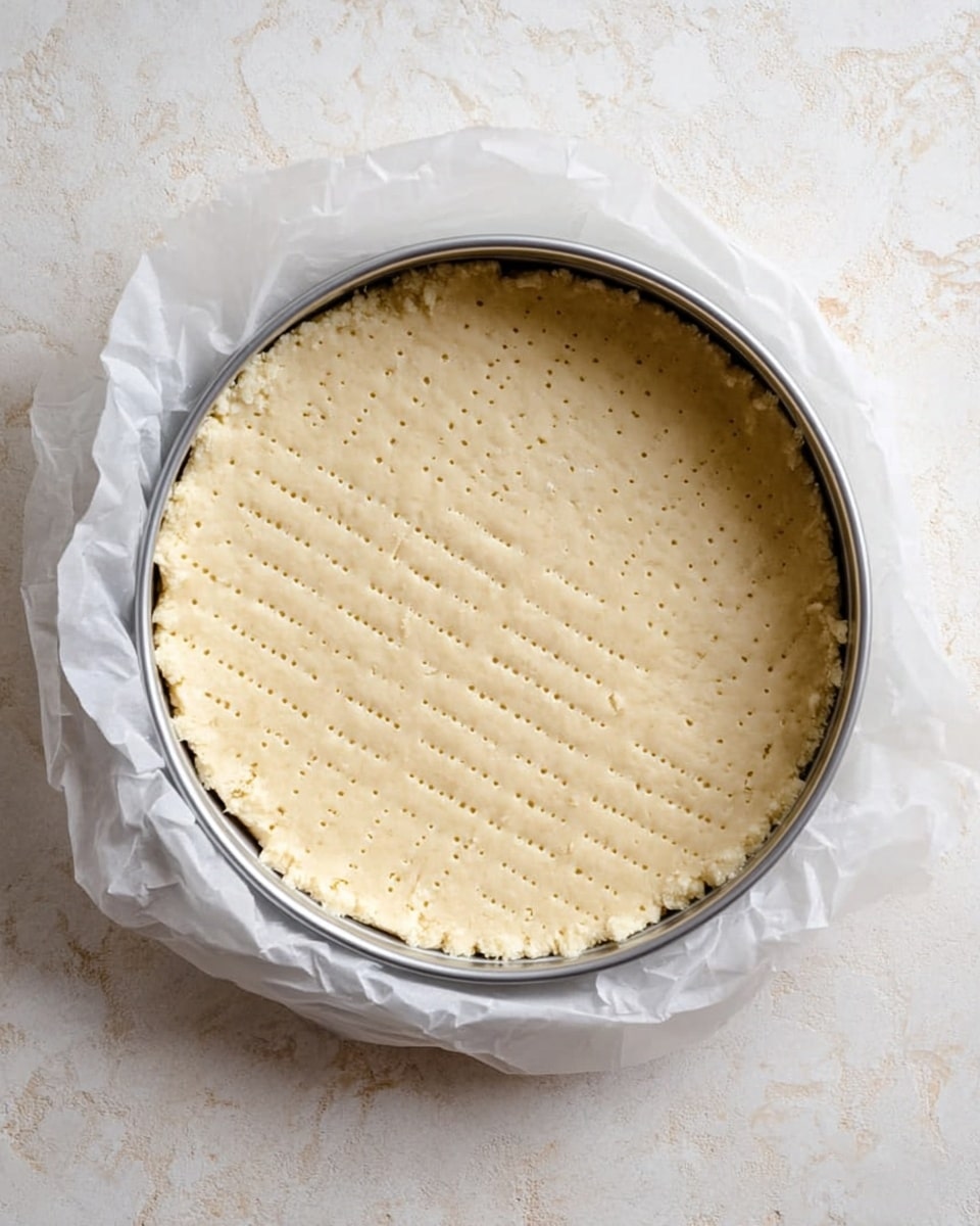 A round silver baking pan with a single thick layer of pale, slightly crumbly dough pressed evenly to fill the pan. Small rows of tiny holes are pricked across the dough surface in a diagonal pattern. The pan sits on white parchment paper that is placed on a surface with a white marbled texture. Photo taken with an iphone --ar 4:5 --v 7