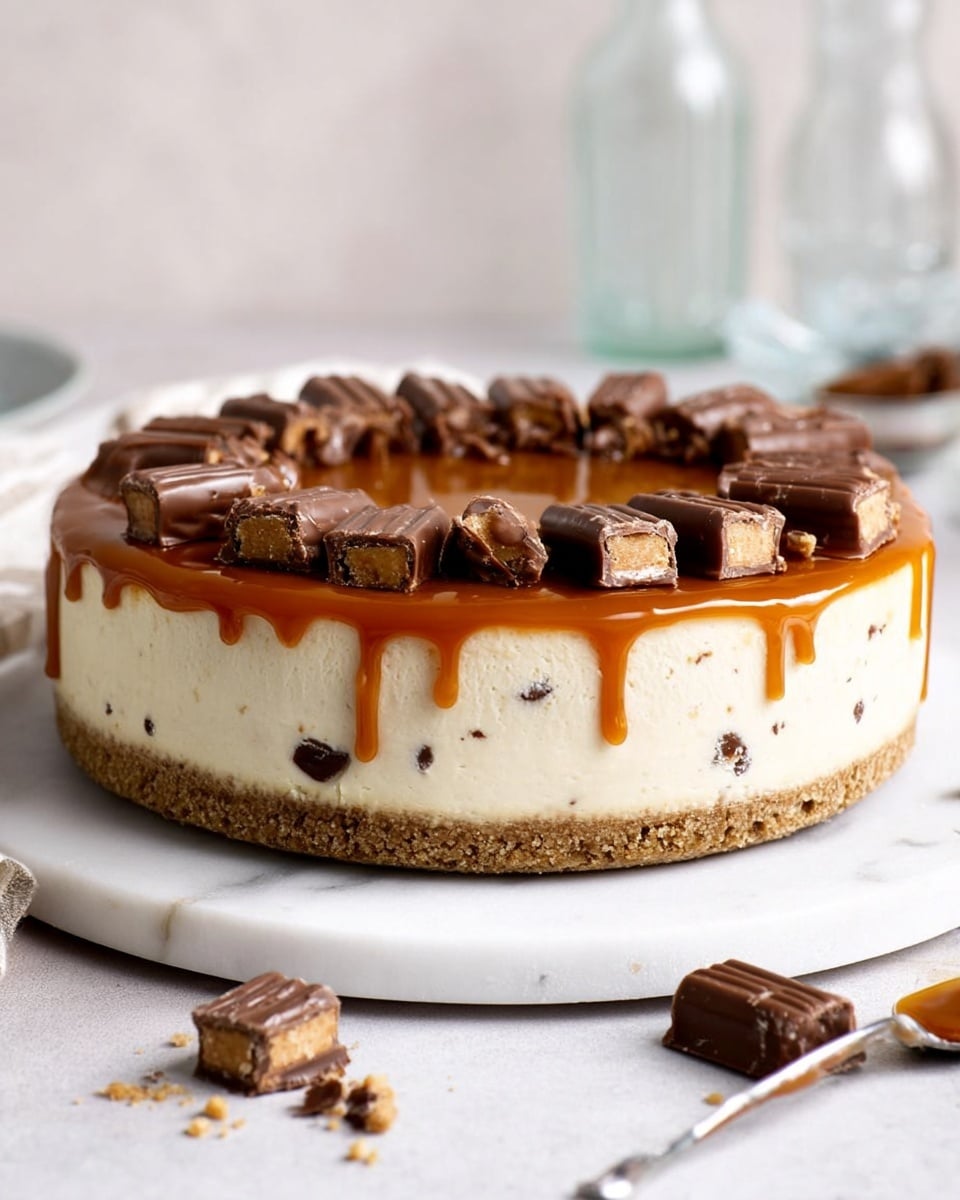 The image shows a round cheesecake with three visible layers on a white marble board. The bottom layer is a crumbly, light brown crust. The middle layer is thick, creamy, and pale with small dark pieces inside. The top layer is a smooth, shiny caramel sauce that slightly drips down the sides. Around the edge of the caramel layer, there are pieces of chocolate candy with a dark brown outside and light filling inside, arranged in a circle. Some candy pieces are also scattered on the white marbled surface around the board. The background is soft and neutral, including two glass bottles and a blurry glass with a spoon. photo taken with an iphone --ar 4:5 --v 7
