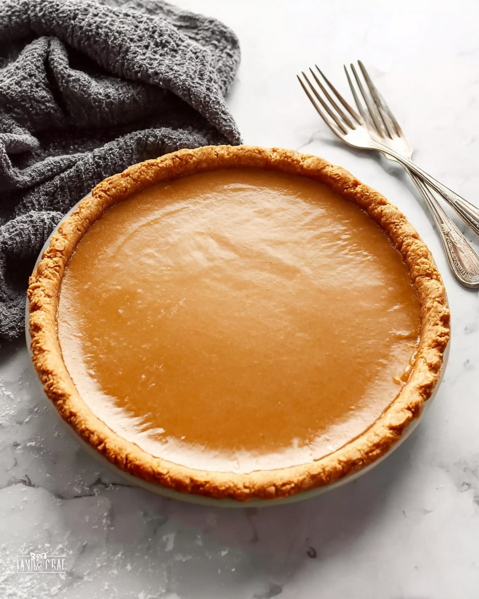 A round pie with a golden brown crust and smooth caramel-colored filling sits on a white marbled surface. The pie has one visible layer: a thick, glossy, light brown filling within a perfectly baked crust with slightly raised edges. Next to the pie on the white marbled surface are two shiny silver forks. A soft, textured dark gray cloth lies casually in the upper left background. Photo taken with an iphone --ar 4:5 --v 7