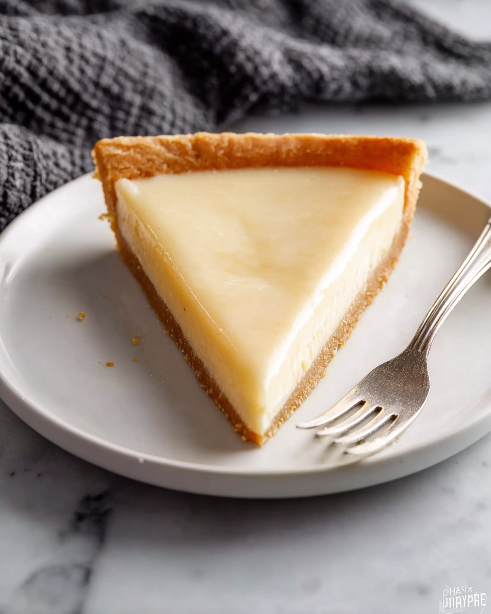 A single slice of pie is on a white plate with a silver fork beside it. The pie has two clear layers: the bottom layer is a light golden crust that forms the edges, and the filling is smooth and creamy with a pale yellow color. The slice is set on a white marbled surface with a dark textured cloth in the background. The overall look is simple and neat. photo taken with an iphone --ar 4:5 --v 7