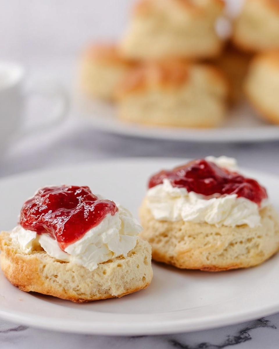 The image shows two biscuit halves on a white plate, each topped with a thick layer of white cream and a dollop of red strawberry jam on top, the biscuit has a golden brown outside with a soft and crumbly inside texture. The background features a white plate holding more plain biscuits, all set on a white marbled surface. Photo taken with an iphone --ar 4:5 --v 7