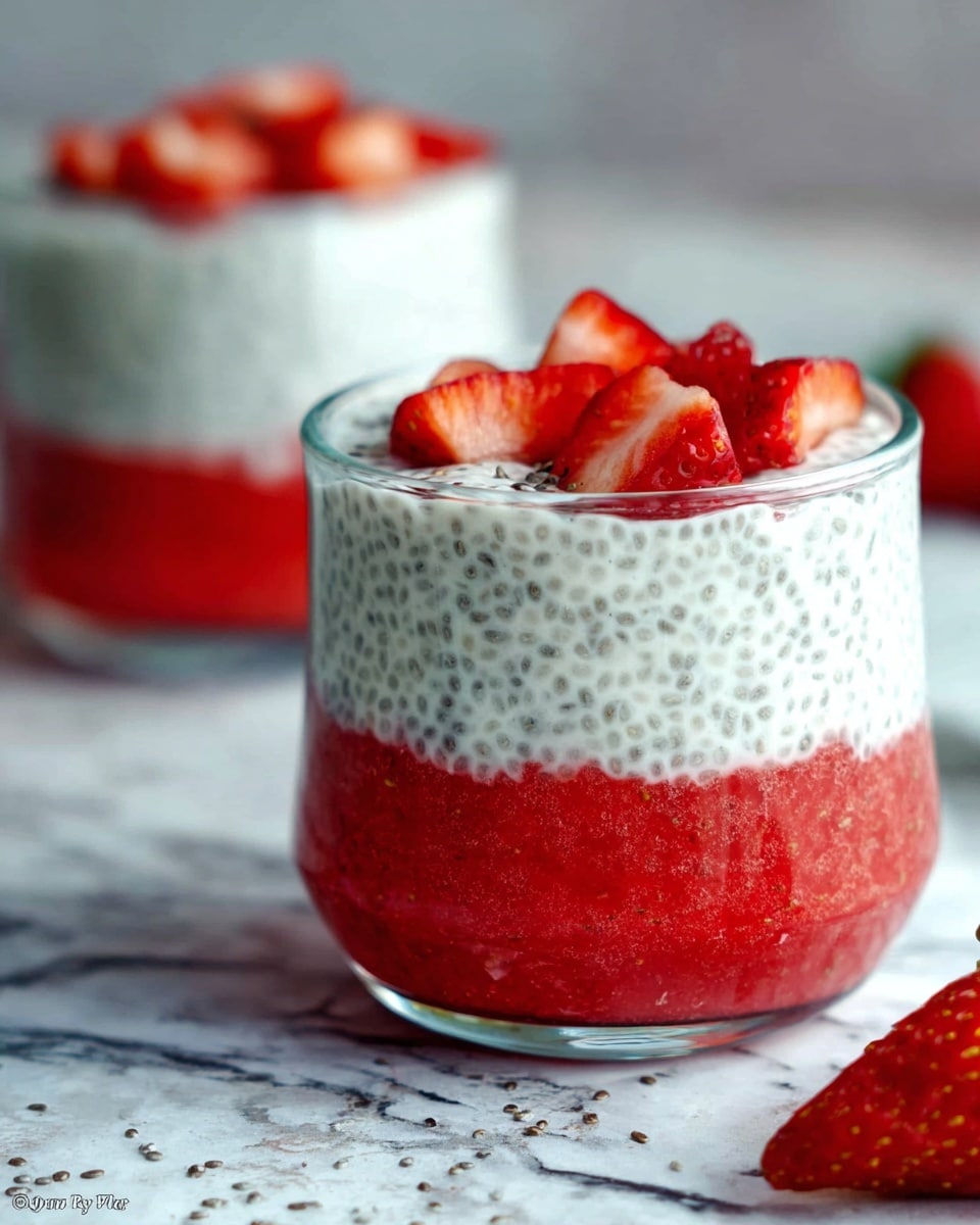 The image shows a glass with two visible layers on a white marbled surface. The bottom layer is a thick red strawberry puree with a slightly chunky texture. The top layer is a creamy white chia seed pudding, with tiny black chia seeds spread evenly throughout. On top of the pudding, there are small pieces of fresh red strawberries arranged in a scattered manner. In the background, there is a second glass with the same layers and strawberries, slightly blurred. Photo taken with an iphone --ar 4:5 --v 7