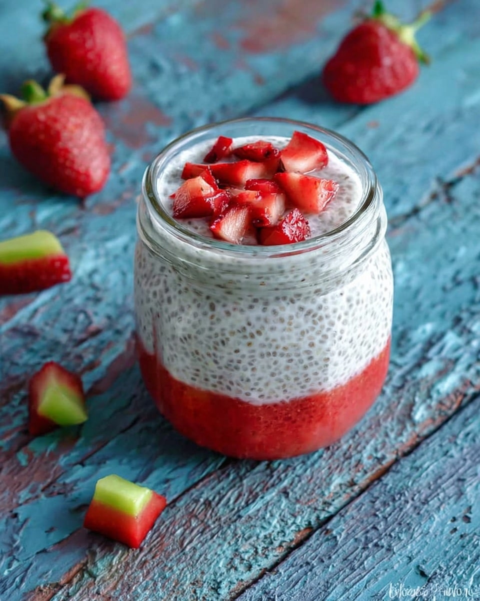 A clear glass jar shows two main layers: at the bottom is a bright red fruit puree, smooth and thick, while the top layer is white with tiny dark chia seeds spread evenly through it, giving a creamy but textured look. On top of the chia layer, small red strawberry pieces are scattered. The jar sits on a rough, blue wooden surface, surrounded by whole strawberries and small pieces of a green and red fruit. photo taken with an iphone --ar 4:5 --v 7