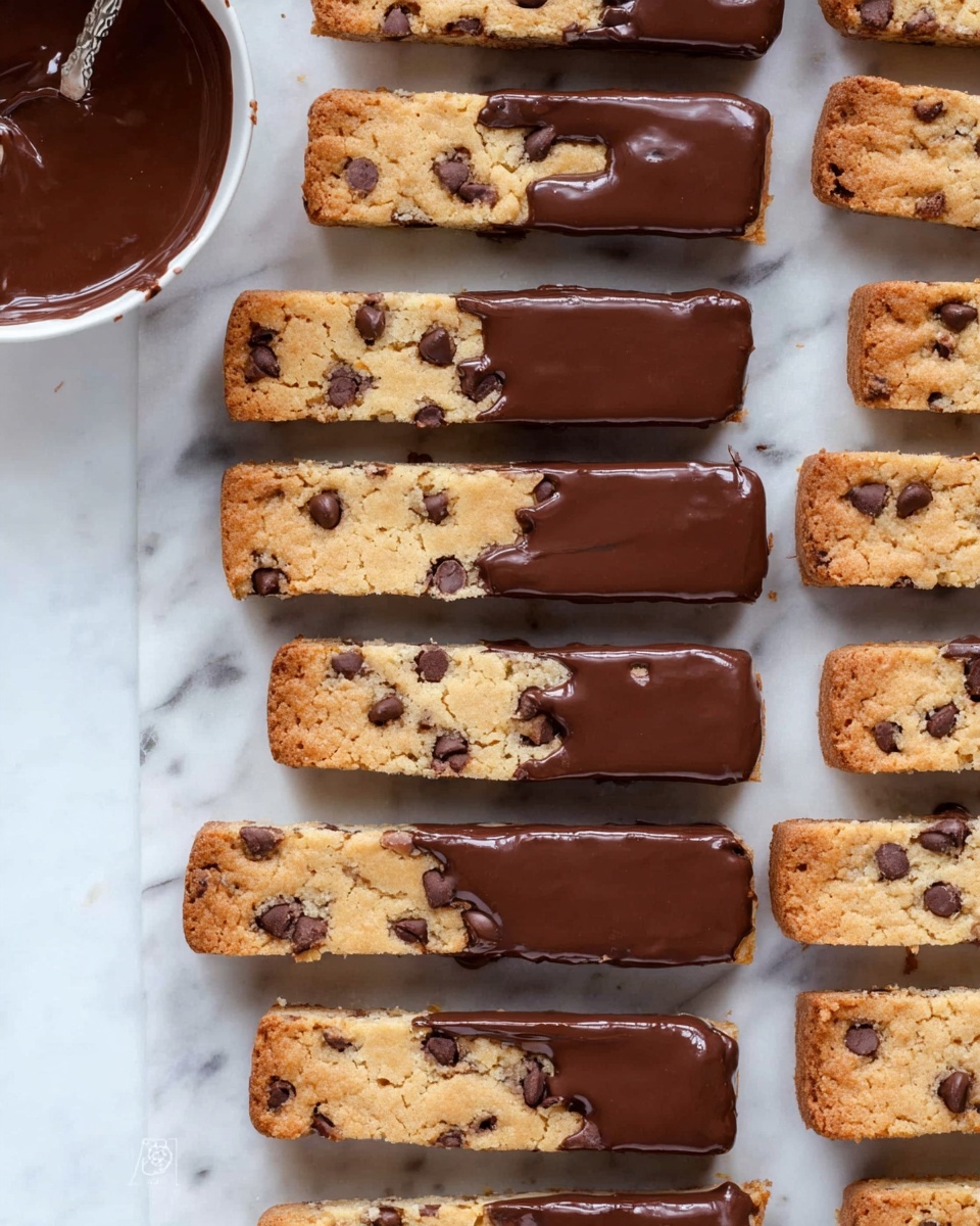 The image shows two rows of long rectangular cookie bars placed on a white marbled surface. Each bar is golden brown with small chocolate chips scattered throughout, giving a textured look. The right ends of all the bars are dipped in smooth, shiny dark chocolate, creating a rich contrast against the lighter cookie. The bars are neatly arranged in parallel lines, with a small white bowl filled with melted chocolate placed in the top left corner, adding a touch of depth to the scene. photo taken with an iphone --ar 4:5 --v 7