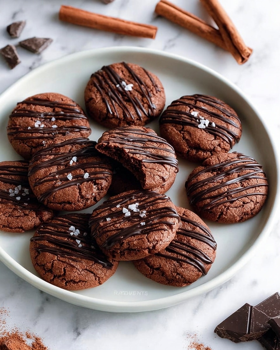 A white plate holds eight round chocolate cookies, each with a cracked surface and drizzled with dark chocolate lines on top. One cookie is broken in half, showing a soft, rich inside. Small white salt flakes are scattered on several cookies, adding contrast. Around the plate, there are some dark chocolate chunks and a few cinnamon sticks resting on a white marbled surface. The lighting is soft and natural, enhancing the warm brown tones of the cookies. Photo taken with an iphone --ar 4:5 --v 7