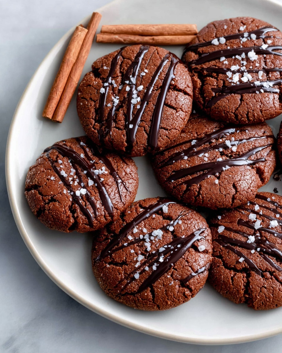 Several round, cracked chocolate cookies decorated with thin, glossy dark chocolate drizzle and small white salt flakes on top rest on a white plate placed on a white marbled surface. Two cinnamon sticks are positioned near the cookies on the plate, adding a warm brown color contrast. The cookies have a rough texture and rich brown color with the dark chocolate lines creating a shiny finish across their slightly cracked tops. Photo taken with an iphone --ar 4:5 --v 7