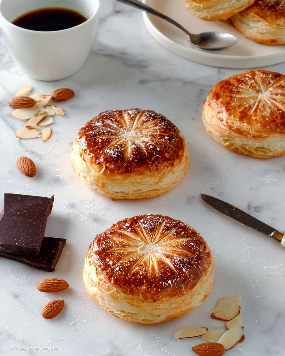 Three round, golden brown pastries are placed on a white marbled surface, each with a shiny, slightly crisp outer layer and a decorative pattern on top resembling petals or lines radiating from the center, sprinkled lightly with white sugar. The pastries have multiple visible flaky layers around their sides showing the puff pastry texture. Around them are whole almonds, pieces of dark chocolate, and a few light-colored nuts scattered casually. In the upper left corner, there is a white cup filled with a dark liquid, and in the upper right background, a white plate holds more pastries with a silver spoon resting on the plate. A knife with a light brown handle is placed near the right edge. The overall scene is bright and clean. photo taken with an iphone --ar 4:5 --v 7