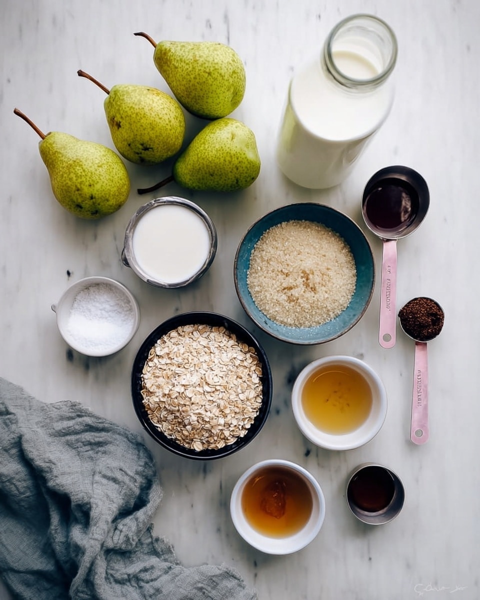 The image shows different cooking ingredients neatly arranged on a white marbled surface. At the top, there are four whole green pears, slightly shiny with some natural spots. To the right of the pears, there is a glass bottle filled with a white liquid, probably milk. Below the pears, there is a small white bowl with a tiny amount of salt and next to it a medium black bowl filled with coarse almond flour that has a light beige color and a crumbly texture. Next to the almond flour bowl is a blue-grey bowl filled with light brown oats. Below these, there is a small white bowl with a translucent slightly golden liquid and another white bowl filled with a golden syrupy liquid. To the right, there is a tiny glass container with dark brown liquid, likely vanilla extract. Two pink measuring spoons contain a white powder in one and black peppercorns in the other. At the very bottom right, there is a white bowl holding dark brown ground spices. On the left side, a metal measuring cup holds a thick tan liquid, maybe apple sauce. A grey cloth is visible in the bottom left corner. The lighting is soft and natural. Photo taken with an iphone --ar 4:5 --v 7