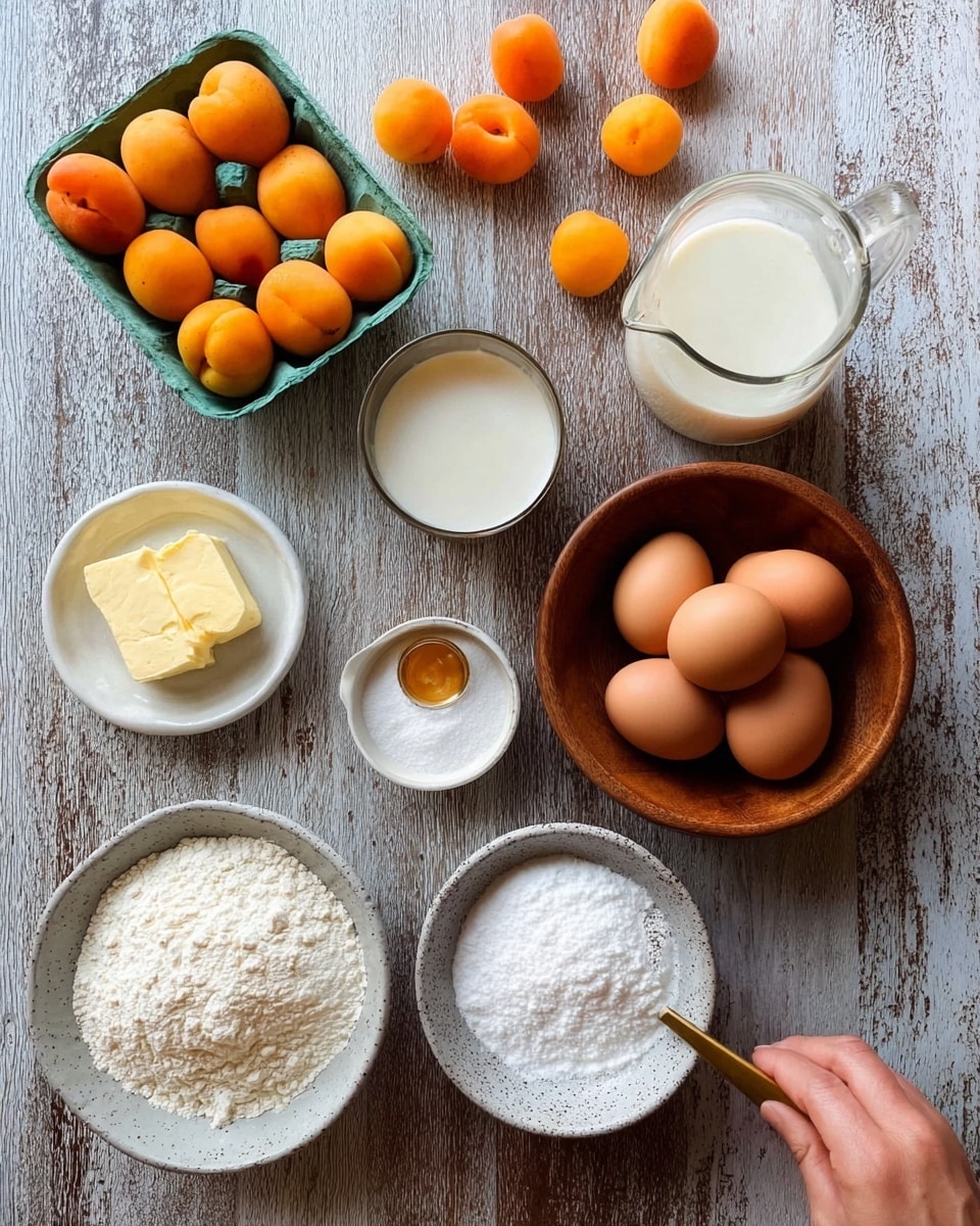 A top view shows a rustic wooden surface with ingredients arranged in a loose circular pattern. At the top left, a green carton holds bright orange apricots, with several loose apricots scattered on the lower right. Moving clockwise, a medium brown wooden bowl contains four light brown eggs. Below it, a clear glass measuring jug is partially filled with milk held by a woman's hand. Next to it, a small white bowl holds a clear liquid with a small golden spoon resting inside. Below this, a grey speckled bowl is filled with white granulated sugar. To the left, two small white dishes contain white powder ingredients, one heap taller than the other. Nearby, a larger white bowl is filled with flour, and at the bottom left, a small speckled bowl holds two pats of pale yellow butter. The image is sharp and bright, set against a white marbled texture surface. photo taken with an iphone --ar 4:5 --v 7