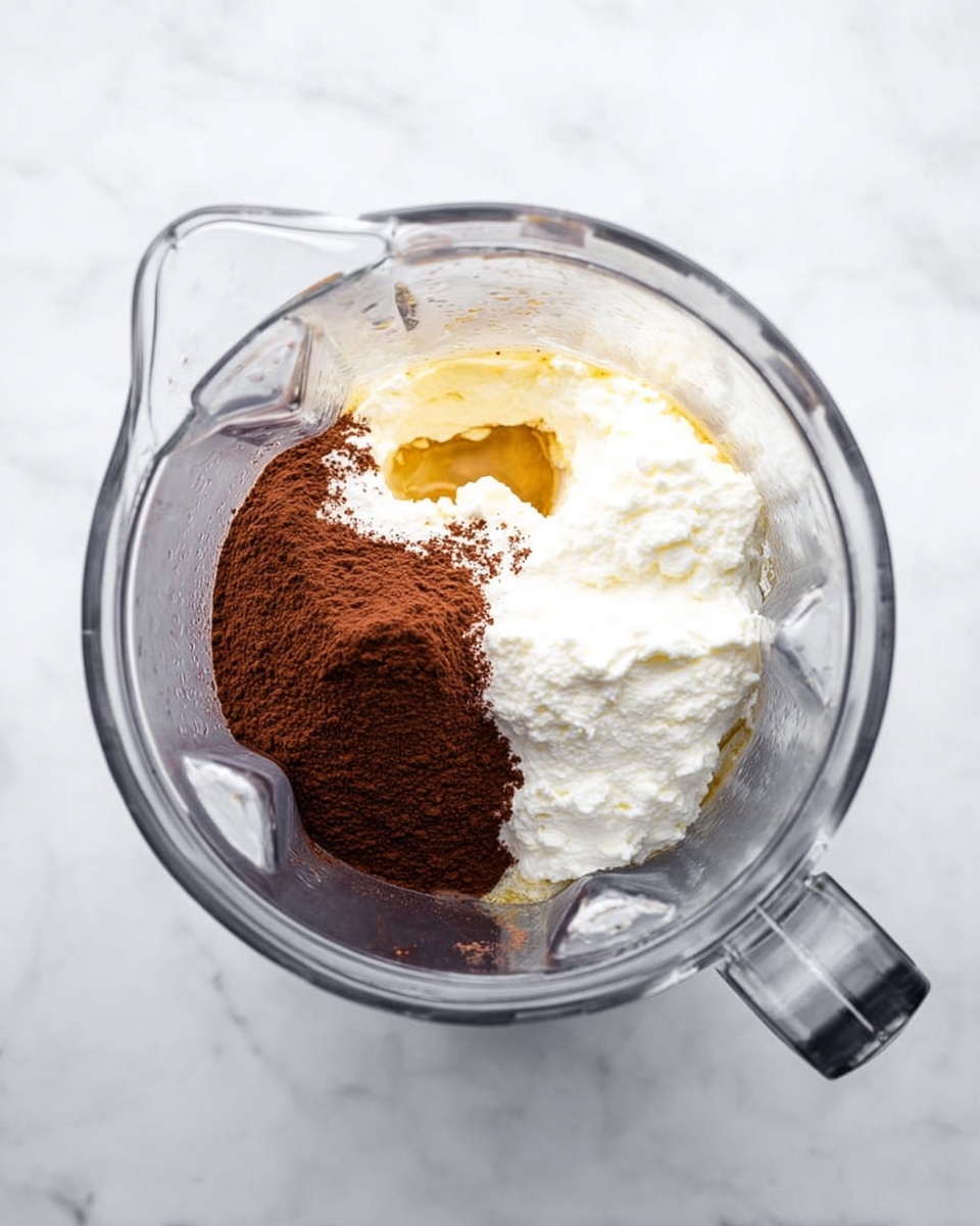 Top view of a clear blender jar on a white marbled surface, showing three layers of unmixed ingredients inside. The bottom left part of the jar has a dark brown cocoa powder layer with a fine, powdery texture. Next to it on the right side is a thick, white creamy layer that looks like cottage cheese or ricotta with small lumps. Above the cocoa powder and creamy white layer, there is a small visible layer of golden liquid, probably honey or syrup. The clear plastic blender jar has visible indents and a handle on the right side. Photo taken with an iphone --ar 4:5 --v 7