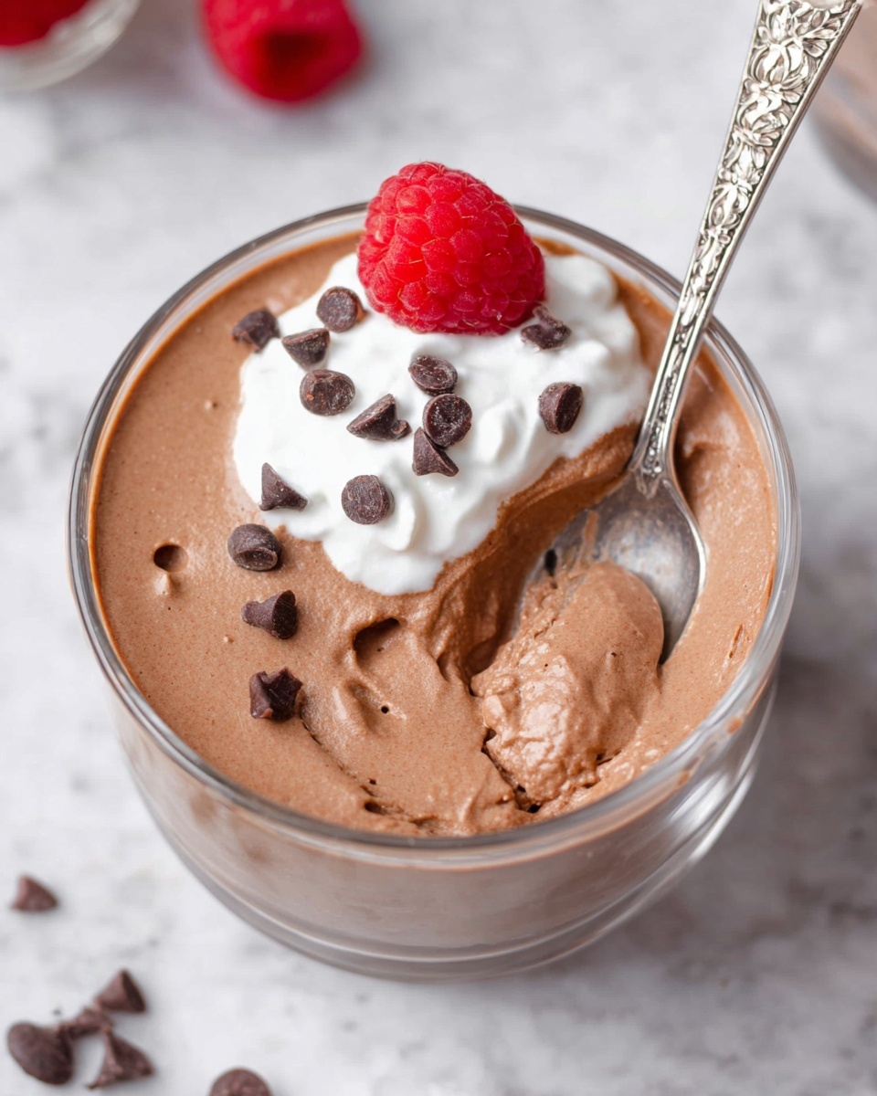 A clear glass bowl is filled with a smooth, light brown chocolate mousse that has a creamy texture. On top, there is a small dollop of white whipped cream placed slightly to one side, decorated with a fresh, bright red raspberry and scattered small dark chocolate chips. An ornate silver spoon rests inside the bowl, partially dipped into the mousse. The bowl is set on a white marbled surface with another item partially visible nearby, keeping the focus on the rich dessert. Photo taken with an iphone --ar 4:5 --v 7