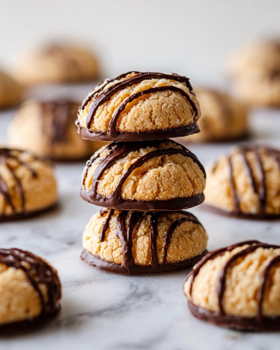 The image shows a stack of three round, golden-brown cookies with a crumbly texture. Each cookie has a bottom layer dipped in dark chocolate and is decorated with thin, dark chocolate drizzles on the top, creating curved lines. The cookies are placed on a white marbled surface, with more cookies scattered in the background, all similar in appearance with the same chocolate design. The lighting emphasizes the texture and the shiny chocolate. photo taken with an iphone --ar 4:5 --v 7