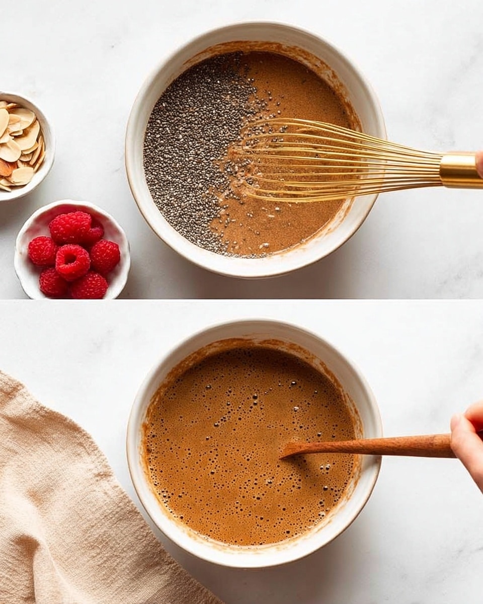 A white bowl on a white marbled surface contains a mix with three layers: a thick brown layer at the bottom, a clumpy light brown powder layer on one side, and a section of small black chia seeds on top; a woman's hand holds a gold whisk stirring the ingredients. In the second white bowl on the same surface, the mixture is fully blended into a smooth medium brown with tiny bubbles on the surface, with a wooden spoon resting inside; near the bowl are a few red raspberries and a small white bowl filled with almond slices, alongside a beige cloth. Photo taken with an iphone --ar 4:5 --v 7