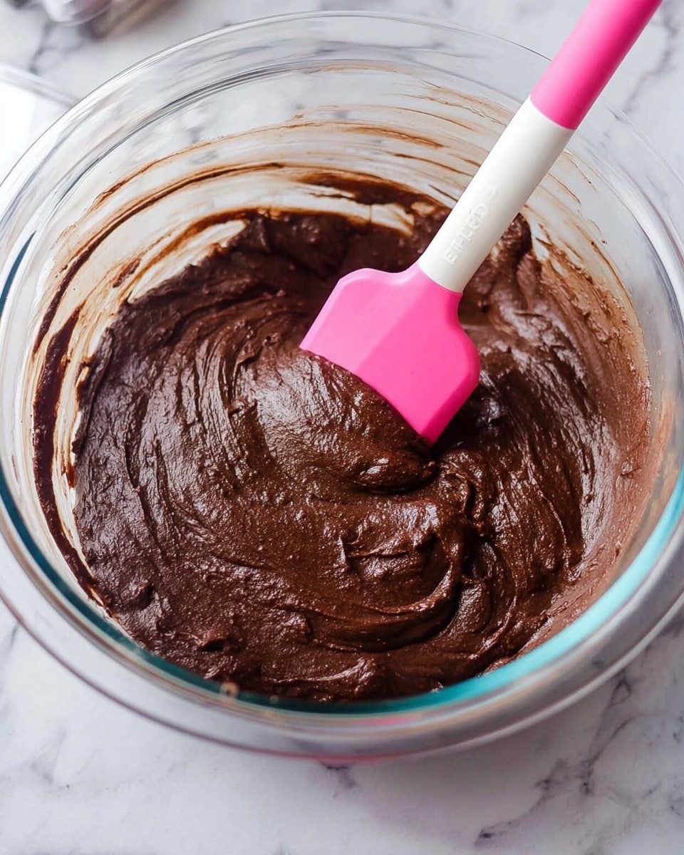 A clear glass bowl filled with thick, dark brown chocolate batter that has a smooth and creamy texture with some soft swirls on the surface. A pink spatula with a white handle is partially buried in the batter, showing the dense mix being stirred. The bowl rests on a white marbled surface. The light reflects softly on the batter and the glass edges, adding a fresh and clean look. Photo taken with an iphone --ar 4:5 --v 7