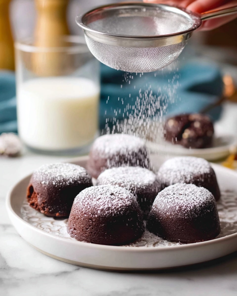 Seven small round dark chocolate cakes are arranged on a white plate with a subtle pattern, placed on a white marbled surface. A woman's hand is holding a metal sieve above the cakes, sprinkling fine white powdered sugar that lightly dusts some of the cakes, creating a soft contrast against the rich dark brown color. The background is softly blurred, showing a glass of milk and some kitchen objects in soft light. Photo taken with an iphone --ar 4:5 --v 7