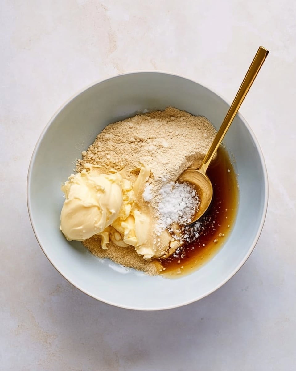 A white bowl on a white marbled surface holds several ingredients before mixing: a dollop of pale yellow butter on the left side, a light beige powder spread mostly on the upper left, white salt sprinkled near the center, and a dark amber liquid pooled on the right. A gold spoon rests inside the bowl, angled toward the spoon's edge near the upper right. photo taken with an iphone --ar 4:5 --v 7