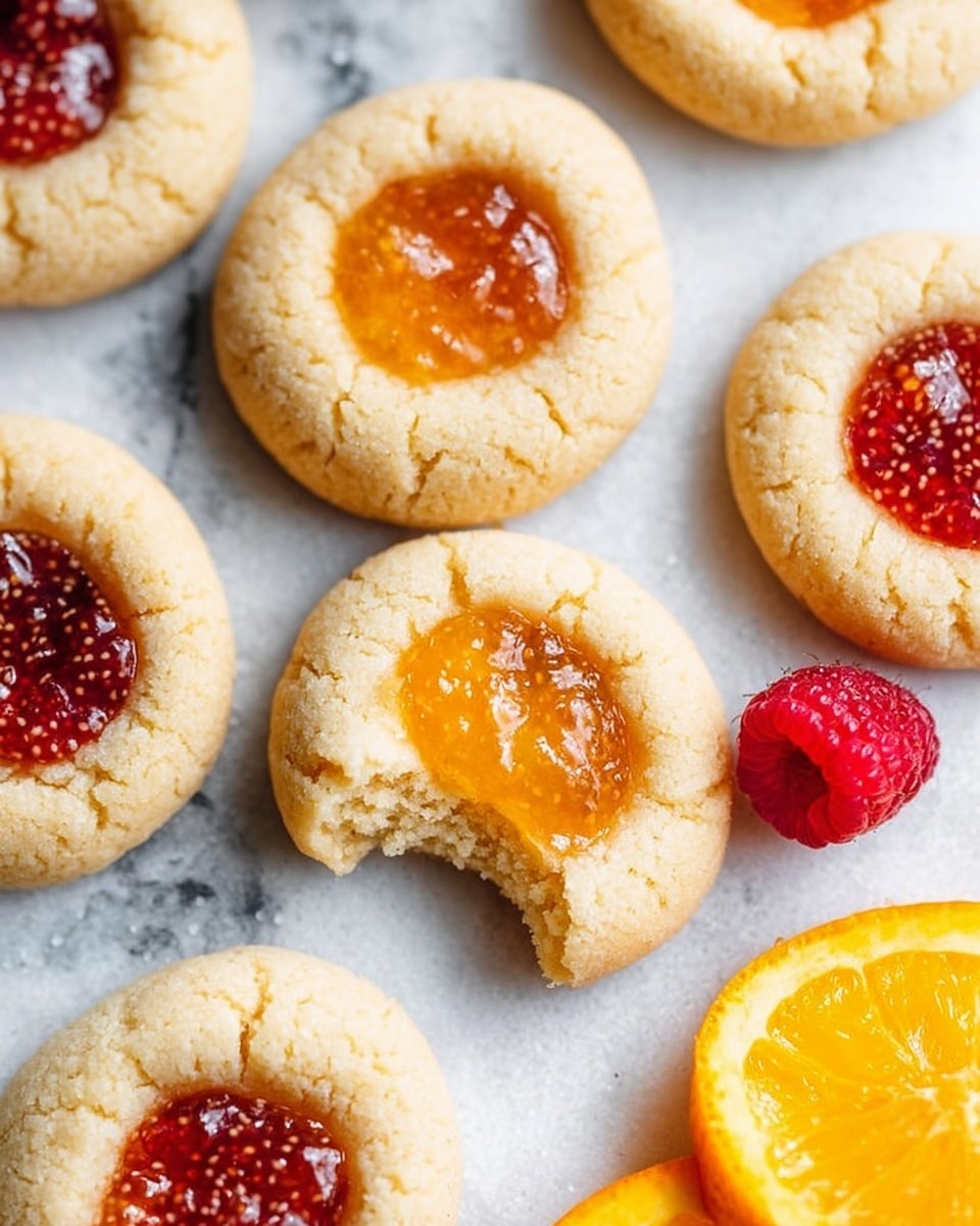 Round thumbprint cookies with a pale beige, soft-looking dough form the base layer. Each cookie has a small, glossy jam filling in the center – some are a bright orange-yellow color, while others are a deeper red with visible seeds. One cookie in the middle is partially eaten, showing a crumbly texture inside. A single bright red raspberry is placed near the cookies, adding a pop of color. The cookies rest on a white marbled surface with a few bright orange slices visible on the bottom right edge. Photo taken with an iphone --ar 4:5 --v 7