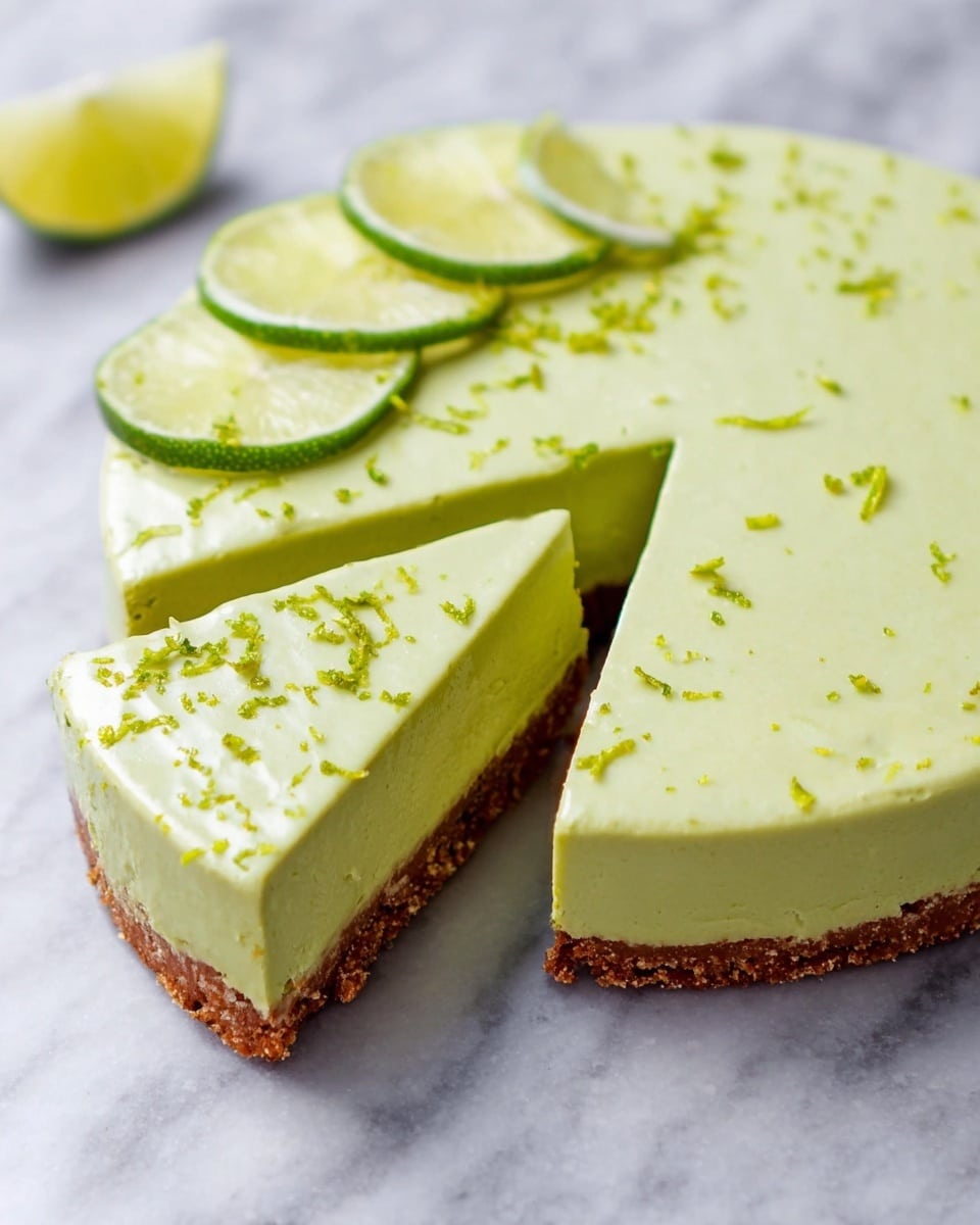 The image shows a cake with two layers on a white marbled surface. The bottom layer is thin and brown, with a rough texture that looks like a nut or cookie crust. The top layer is thick and smooth with a light green color, topped with small green zest pieces scattered over it. Two thin green lime slices rest on the top left edge of the cake. One slice of the cake has been removed, showing the sharp contrast between the green top layer and the brown base. Photo taken with an iphone --ar 4:5 --v 7