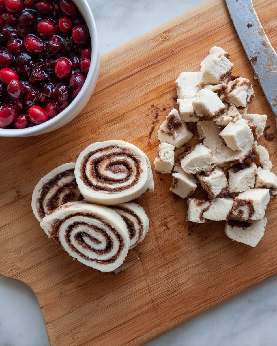 The image shows a wooden cutting board with cinnamon roll dough in different stages: on the top half of the board, there are three thick slices of cinnamon roll dough with visible spiral layers of off-white dough and dark brown cinnamon filling; on the bottom half, more cinnamon roll dough is cut into smaller pieces, showing rough, uneven shapes and the same spiral pattern; to the right of the board is a knife with a light-colored handle, while on the left side of the image, a white bowl filled with shiny, red cranberries and dark red syrup sits on a white marbled surface; the overall color scheme includes warm browns, creamy whites, and deep reds, photo taken with an iphone --ar 4:5 --v 7