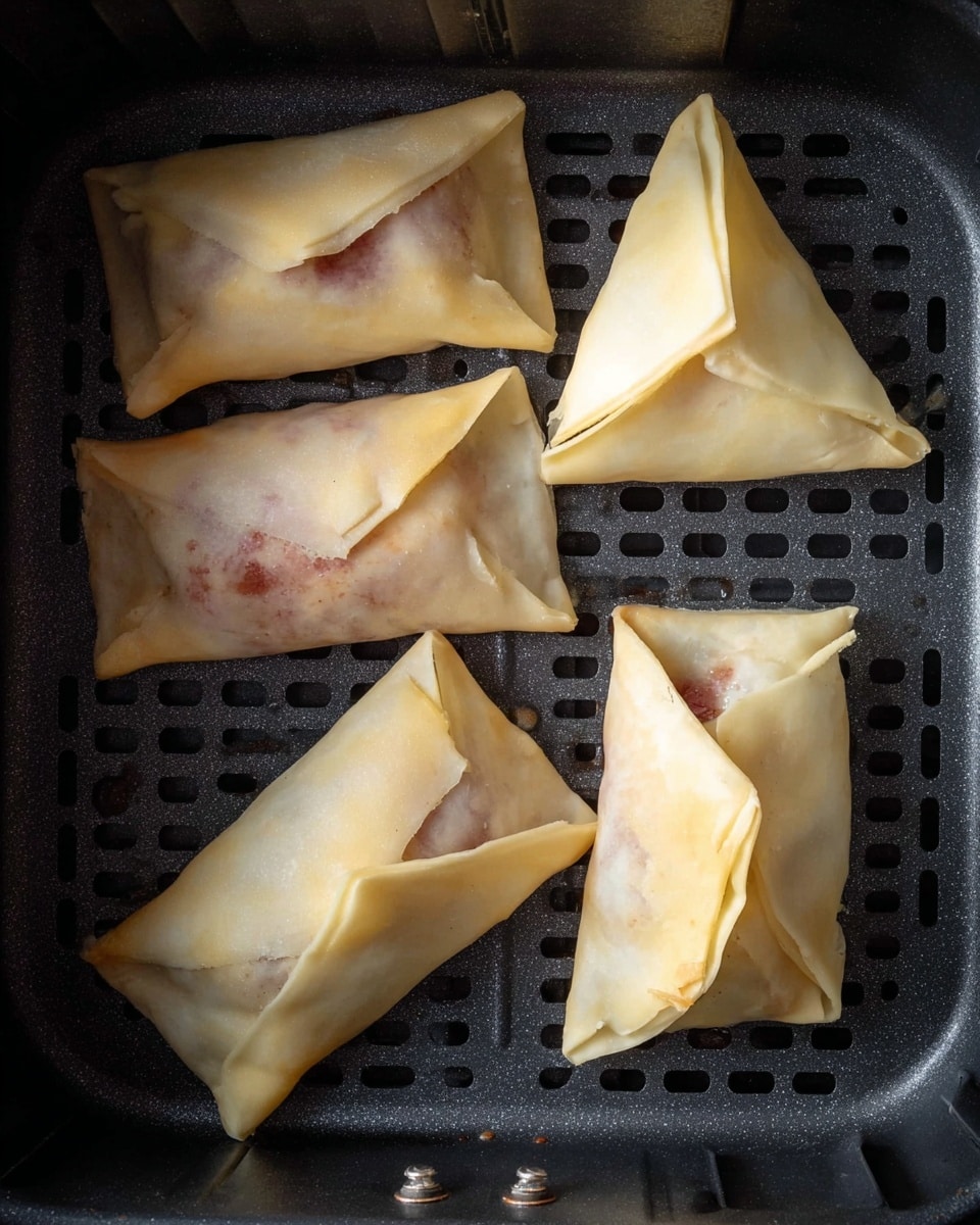 Five frozen rectangular pastries rest in a dark air fryer basket with square holes. Each pastry has a smooth, pale yellow dough layer folded unevenly around an inner reddish filling visible through thin spots in the dough. The pastries have different shapes: three are folded into a triangular form, one is more rectangular with an angled flap, and the last is neatly folded into a squarish parcel. The air fryer basket’s metal surface contrasts with the soft pastry textures. Photo taken with an iphone --ar 4:5 --v 7