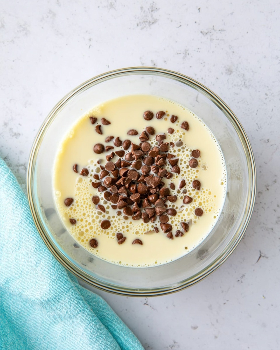 A clear glass bowl sits on a white marbled surface with a light blue cloth partially visible at the bottom left corner. Inside the bowl, there is a creamy light yellow liquid layer filling most of the bowl. On top of this liquid are scattered small, smooth, brown chocolate chips, some of which begin to melt, creating a slightly bubbly texture around them. The overall scene looks clean and fresh. photo taken with an iphone --ar 4:5 --v 7
