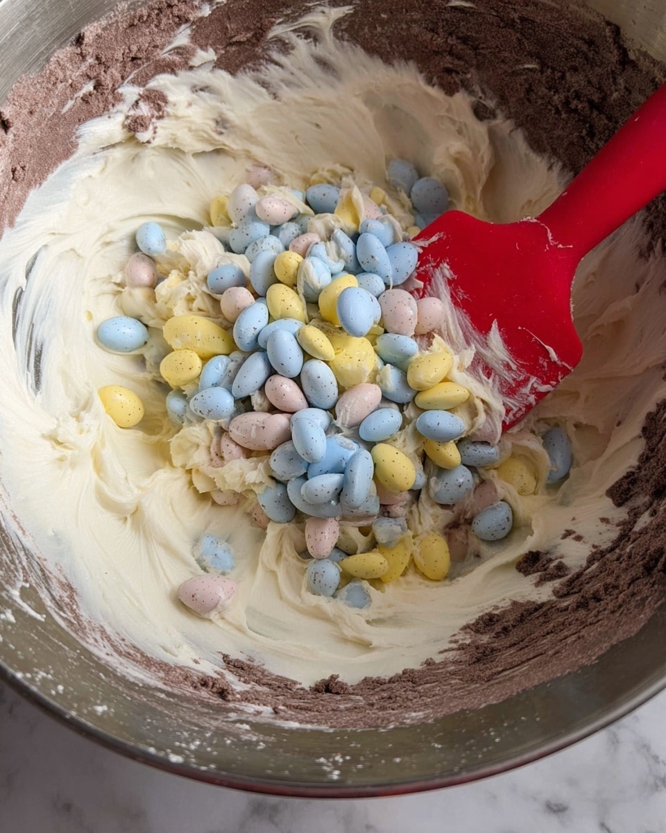 A close-up view inside a metal bowl shows a creamy white mixture with a thick, smooth texture covering the sides and base, partially blended with a pile of broken mini chocolate eggs in pastel colors of blue, yellow, and light pink scattered in the center. A red silicone spatula with a white handle is partially stuck into the creamy mix, angled diagonally from the top left to the center. The background features a white marbled surface. photo taken with an iphone --ar 4:5 --v 7