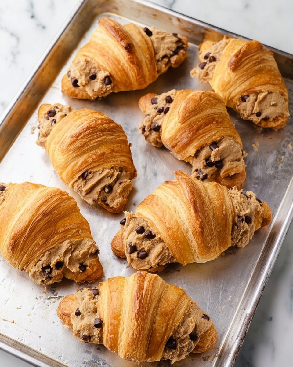 Six croissants sit on a shiny silver baking tray that rests on a white marbled surface. Each croissant is golden brown with visible flaky layers and is filled generously with light tan cookie dough mixed with dark brown chocolate chips. The cookie dough is unevenly spread inside and on top of the croissants, giving a rough texture contrasting with the smoothness of the croissant layers. The croissants are arranged casually across the tray, some overlapping slightly. photo taken with an iphone --ar 4:5 --v 7