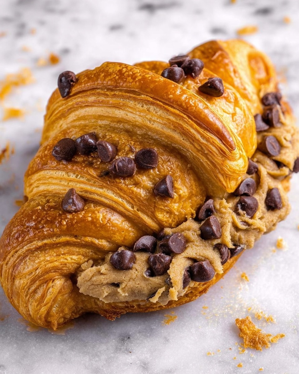 The image shows a golden-brown croissant topped with a thick layer of chocolate chip cookie dough. The croissant has many flaky layers with a shiny, crisp texture. The cookie dough layer is soft, light brown, and studded with large, dark chocolate chips, spreading unevenly over the top and sides of the croissant. The background is a white marbled texture with a few crumbs around. photo taken with an iphone --ar 4:5 --v 7