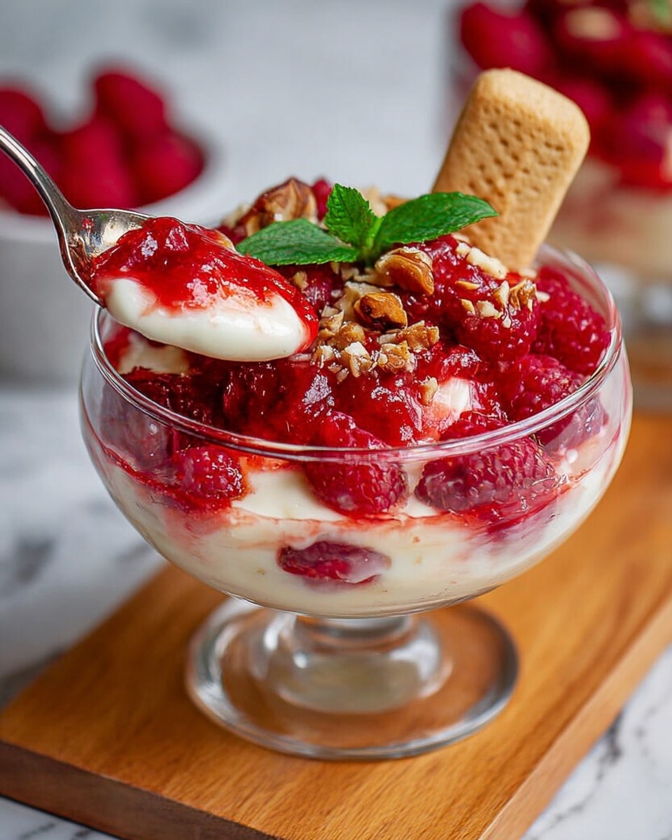 The dessert is served in a clear glass bowl with three layers visible: the bottom layer is whole red raspberries, the middle layer is creamy white pudding with a smooth texture, and the top layer is a bright red raspberry sauce topped with a few more raspberries, small brown nut pieces, and a small fresh green mint leaf. A ladyfinger biscuit is placed standing upright in the pudding, and a spoon is scooping into the bowl from the left side. The bowl is set on a light wooden board with a white marbled surface in the background. Photo taken with an iphone --ar 4:5 --v 7