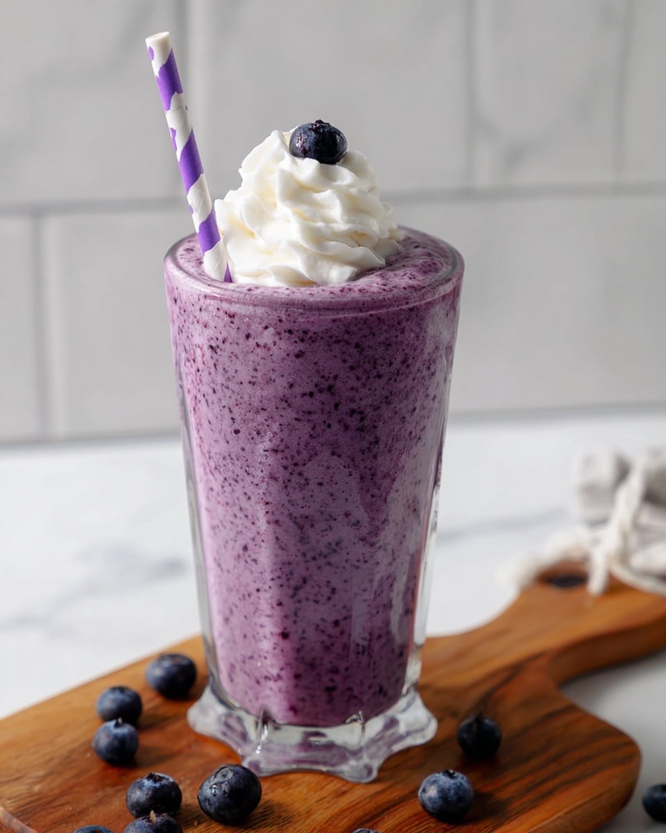 A tall clear glass filled with a thick purple smoothie that has tiny dark specks throughout, topped with a small swirl of white whipped cream and a single dark blueberry on top, a purple and white striped straw is placed inside the drink on the left side, the glass sits on a wooden board with a few dark blueberries scattered around it, all set against a white marbled background, photo taken with an iphone --ar 4:5 --v 7