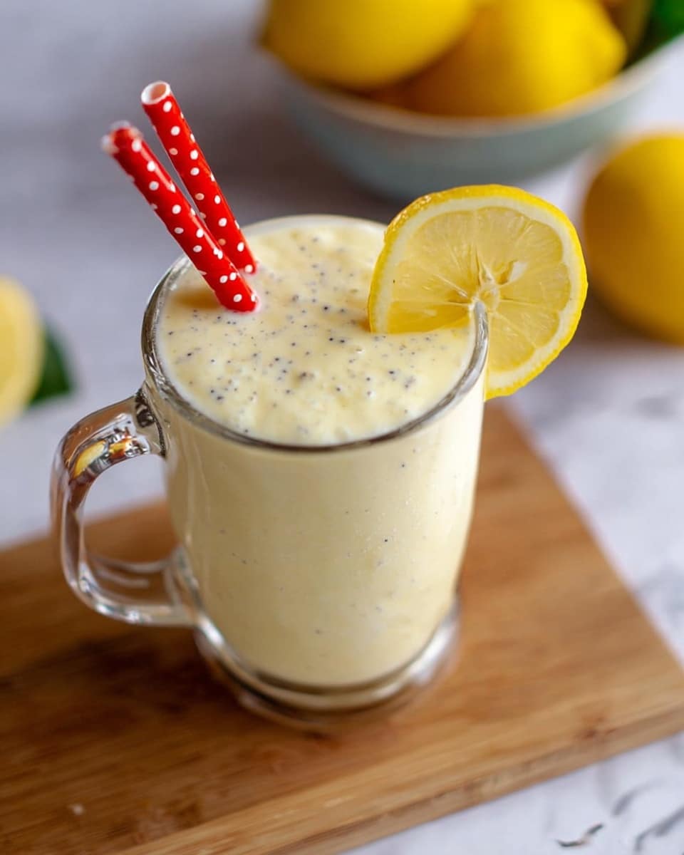 A clear glass mug filled with a thick, creamy, pale yellow drink with tiny black specks visible inside. The drink's surface is smooth but slightly bubbly and reaches just above the rim. Two red straws with white polka dots stand vertically in the drink. A thin lemon slice with bright yellow peel and light yellow flesh is placed on the rim, leaning into the drink. The mug is on a wooden board with a white marbled background, and a bowl of yellow lemons is partially visible in the blurred background. photo taken with an iphone --ar 4:5 --v 7