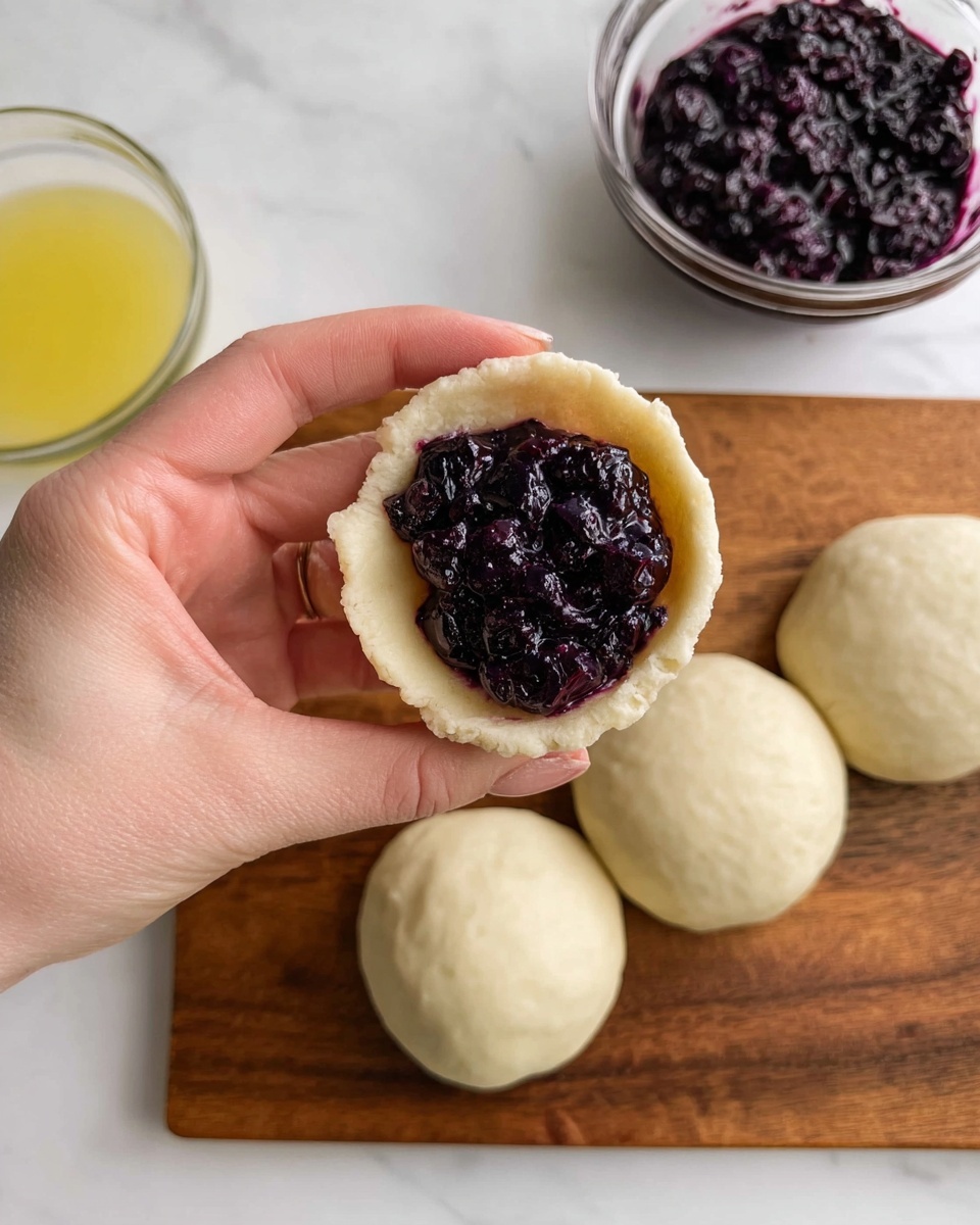 A woman's hand holds a small, pale dough circle cup filled with a dark purple fruit filling that looks chunky and thick. Below the hand, there is a wooden board with three smooth dough balls lined up in a row. To the right, in the background, there is a small clear glass bowl full of the same dark purple fruit filling and another bowl with a yellow liquid. The surface beneath everything is a white marbled texture and the background is plain white. photo taken with an iphone --ar 4:5 --v 7