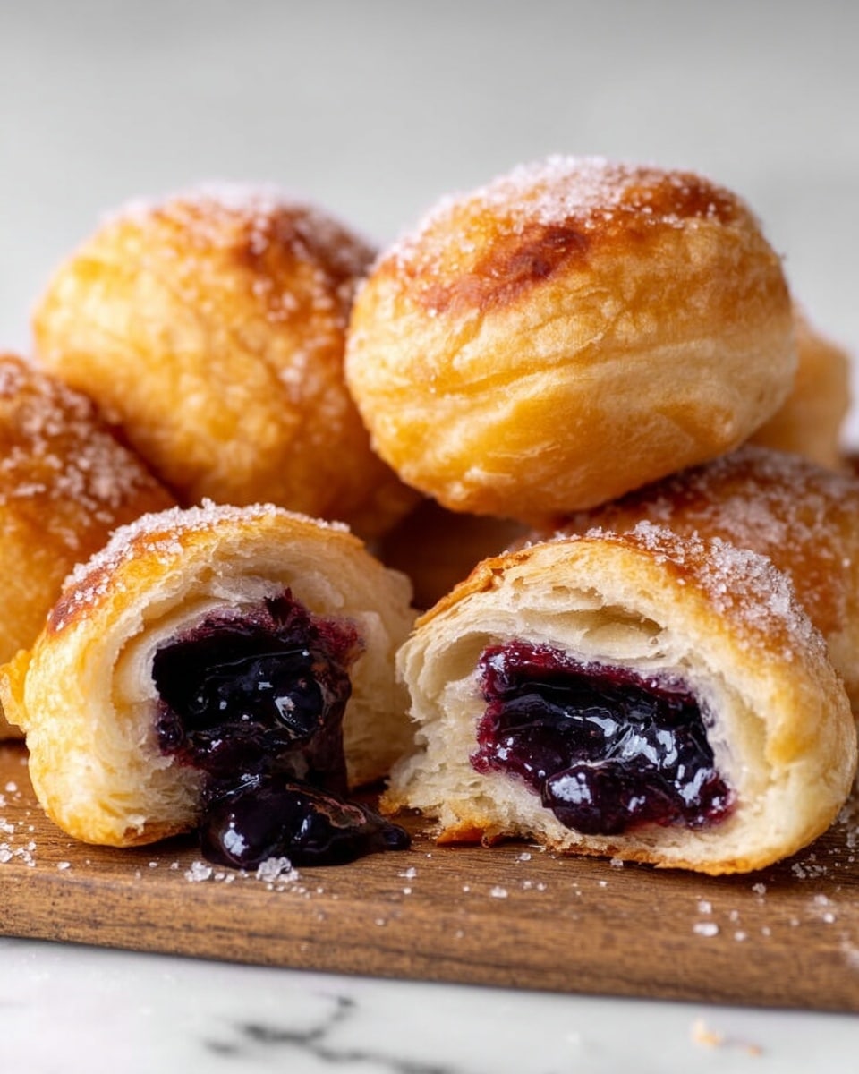 The image shows a group of small round pastries on a white marbled surface, with one pastry cut in half at the front displaying its inside layers. The outside crust is golden brown, slightly shiny, and sprinkled with coarse sugar. Inside, the pastry has several light beige, soft, and flaky layers surrounding a dark purple jam with a shiny, thick texture that fills the center. The pastries are arranged casually, some whole and one broken open, highlighting the contrast between the golden crust and rich filling. Photo taken with an iphone --ar 4:5 --v 7