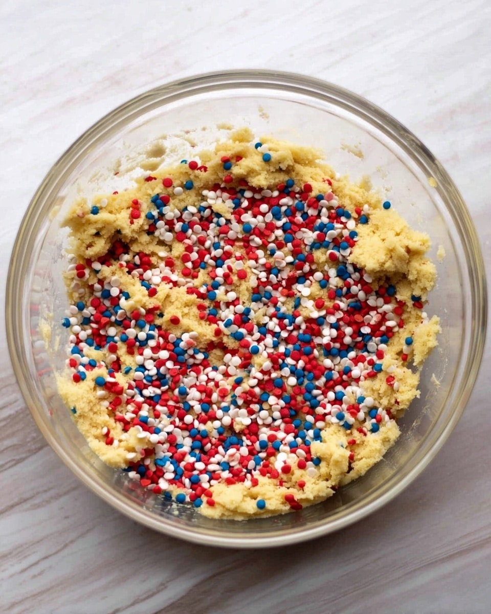 A clear glass bowl filled with thick, yellowish cookie dough forms the base layer, with a dense layer of red, white, and blue small round and teardrop-shaped sprinkles scattered evenly over the dough. The bowl sits on a white marbled surface, and the mixture has a slightly crumbly texture visible along the edges. Photo taken with an iphone --ar 4:5 --v 7