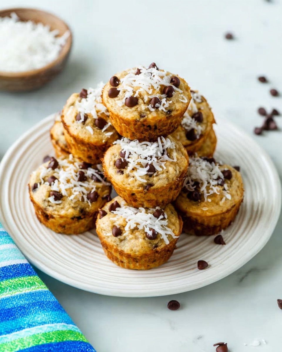A stack of nine small muffins piled on a white plate with a ridged rim, placed on a white marbled surface. The muffins have a golden-brown top covered with small dark brown chocolate chips and topped with white shredded coconut, giving a textured look. Scattered around the plate are some chocolate chips and shredded coconut pieces. On the left edge, part of a blue, turquoise, and green striped towel is visible, adding a pop of color to the scene. Photo taken with an iphone --ar 4:5 --v 7