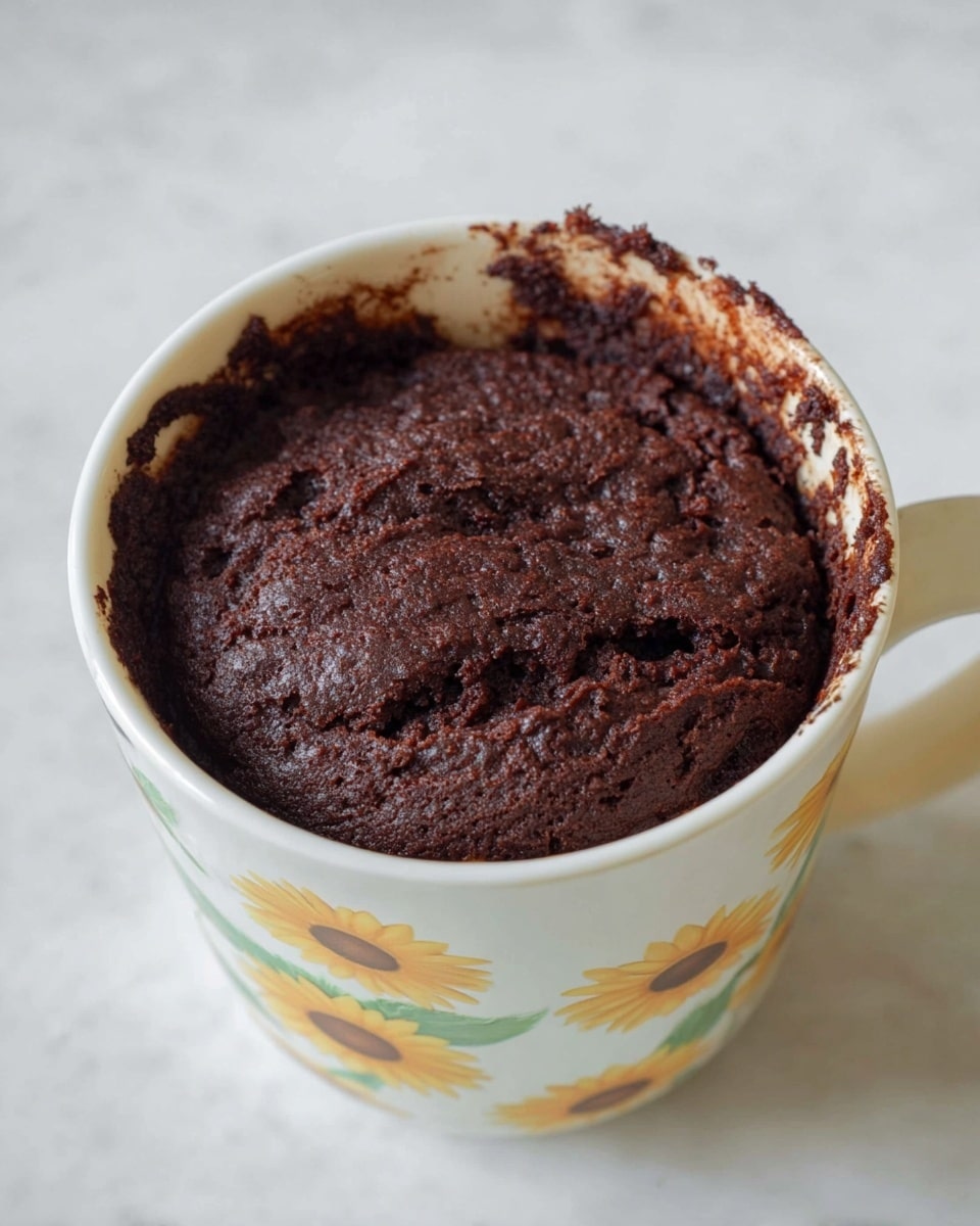 A single-layer dark chocolate cake baked inside a white ceramic mug with a sunflower pattern around the outside. The chocolate cake has a rough, cracked surface with a rich, dark brown color, and some chocolate batter residue is visible on the edges of the mug. The mug is placed on a white marbled surface with a soft natural light highlighting the texture of the cake. photo taken with an iphone --ar 4:5 --v 7