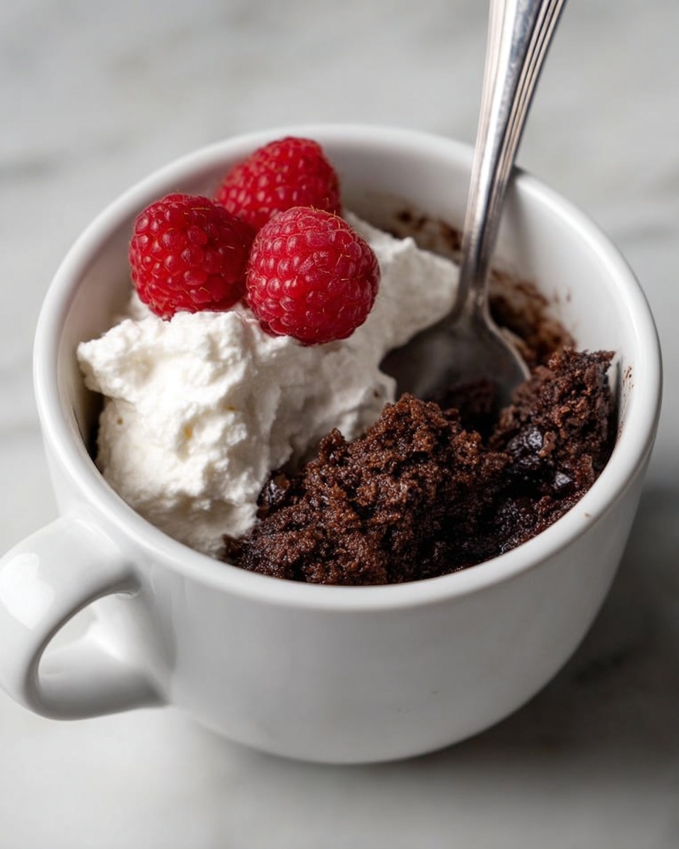 A white mug filled with three main layers: on the left side, a fluffy white whipped cream with soft texture; on the right side, a rich dark brown crumbly chocolate dessert; and on the top left near the whipped cream, three bright red raspberries with detailed seeds. A silver spoon is placed inside the mug on the left side. The mug sits on a white marbled surface. Photo taken with an iphone --ar 4:5 --v 7