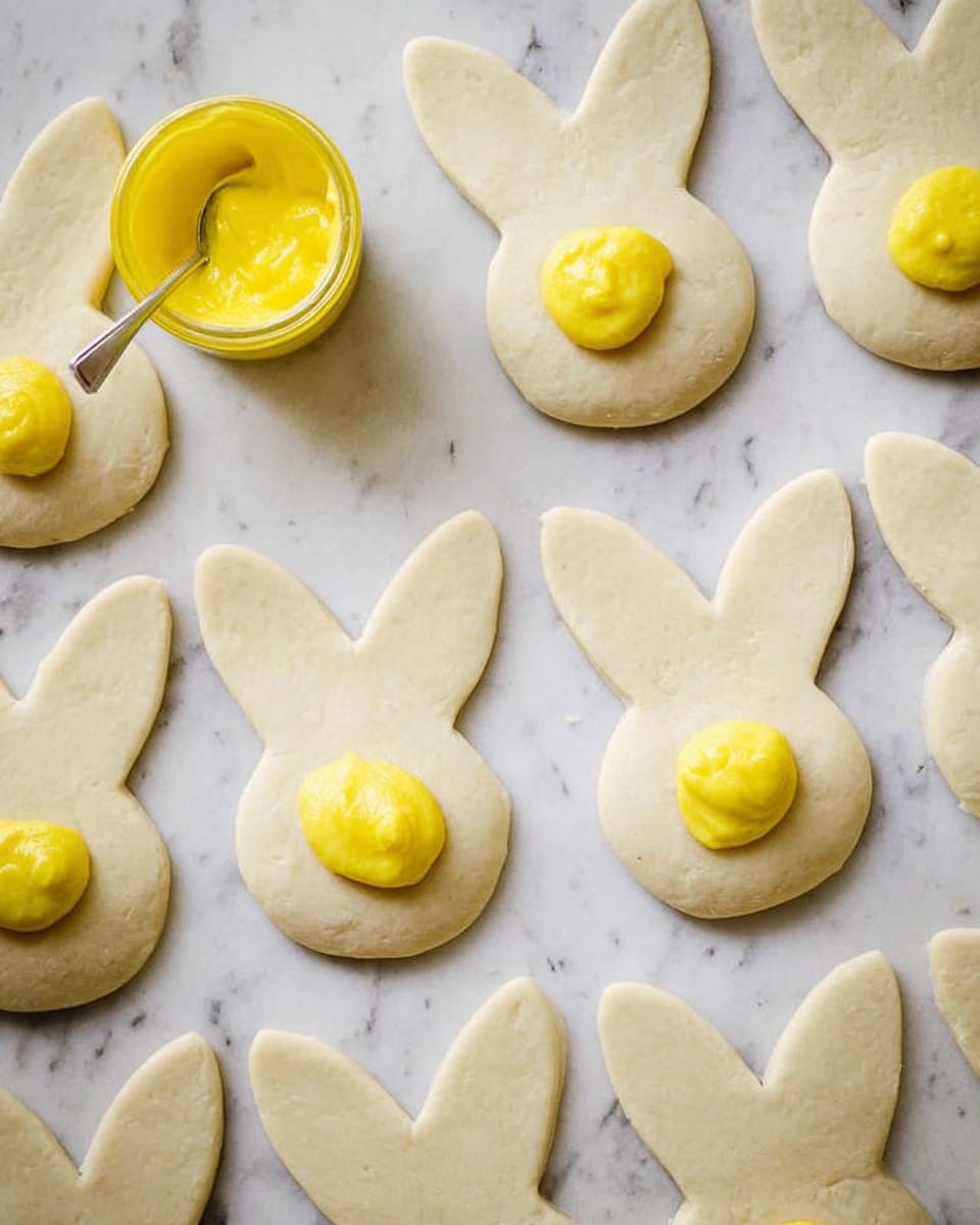 There are many flat dough pieces shaped like bunny heads arranged in rows on a white marbled surface. Each dough bunny has a small spoonful of bright yellow filling placed near the center of the round bottom part. A small yellow container holding more of the yellow filling is visible in the top left corner. The dough is pale and smooth, and the yellow filling looks soft and slightly shiny. photo taken with an iphone --ar 4:5 --v 7