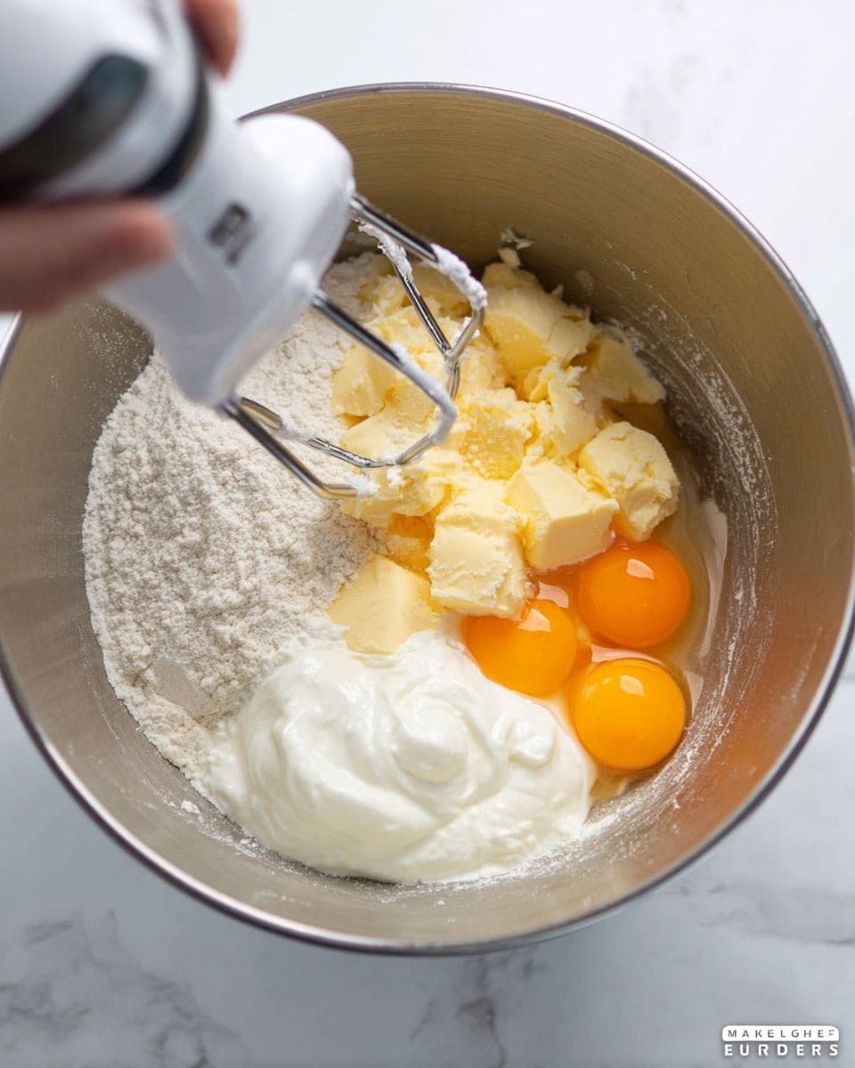 A close-up image shows a metal mixing bowl with several ingredients inside, ready to be mixed with a hand mixer whose beaters are partially immersed. Inside the bowl, there are two bright orange egg yolks positioned near the right side, light yellow soft butter chunks placed closer to the left, a mound of white flour on the left side, and thick white cream or yogurt at the front. The woman's hand is holding the mixing tool, which is white with metal beaters. The bowl sits on a white marbled surface. photo taken with an iphone --ar 4:5 --v 7