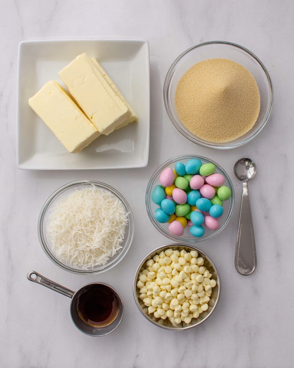 The image shows six clear glass and white dishes arranged on a white marbled surface. On the left, a square white plate holds two blocks of cream-colored soft cheese with smooth texture and clean edges. Above it, a round glass bowl contains light brown granulated sugar with a fine, grainy texture. To the right, a small glass bowl is filled with colorful pastel candy-coated chocolate eggs in pink, yellow, green, and blue. Below the sugar, another small round glass bowl holds white shredded coconut with thin, string-like pieces. To the right of the coconut, a metal measuring spoon filled with dark brown vanilla extract lies flat on the surface. The final bowl, a small silver metal bowl, holds pale yellow miniature white chocolate chips with a small, rounded texture. The photo taken with an iphone --ar 4:5 --v 7