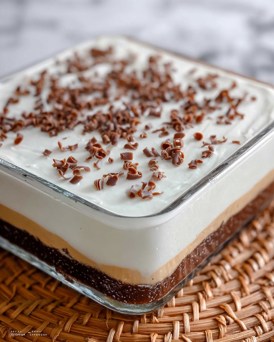 A square clear glass dish shows a layered dessert with three visible layers: the bottom layer is dark brown and looks dense, the middle layer is a lighter creamy tan color, and the top layer is thick, smooth, and white, covered with small curls of light brown chocolate scattered evenly on the surface. The dish sits on a white marbled surface with a woven mat underneath. Photo taken with an iphone --ar 4:5 --v 7