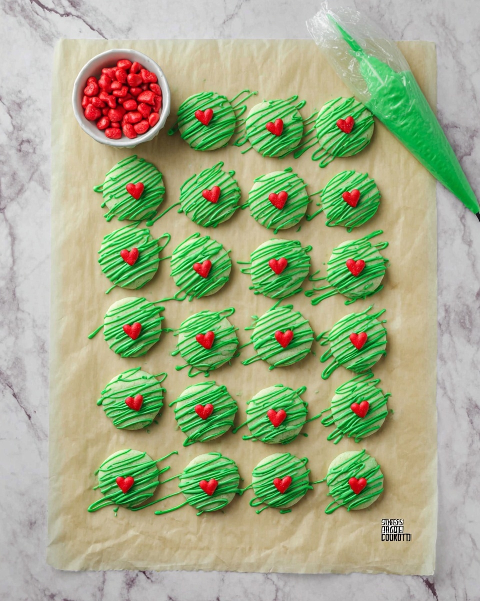 The image shows a white marbled surface with a large sheet of parchment paper holding 21 round green cookies arranged in a grid. Each cookie is decorated with green icing drizzled over the top in uneven thin lines and has a small red heart-shaped candy in the center. At the top right of the parchment paper, there is a piping bag filled with green icing. Near the top center, there is a small white bowl holding extra red heart candies. The colors are bright with a mix of green and red on the cookies against the pale parchment and white marbled background. photo taken with an iphone --ar 4:5 --v 7