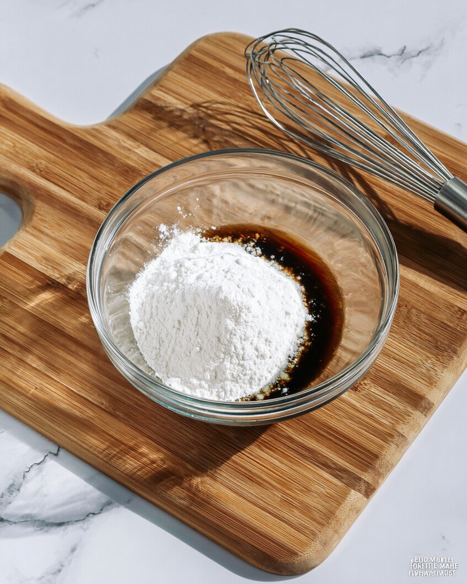 A clear glass bowl sits on a wooden cutting board above a white marbled surface; inside the bowl, there are two visible layers: a dark brown liquid at the bottom and a thick layer of white powder piled on top. To the right of the bowl, there is a large silver metal whisk resting on the wooden board. The scene is lit naturally, showing soft shadows and highlighting the textures of the liquid and powder. photo taken with an iphone --ar 4:5 --v 7