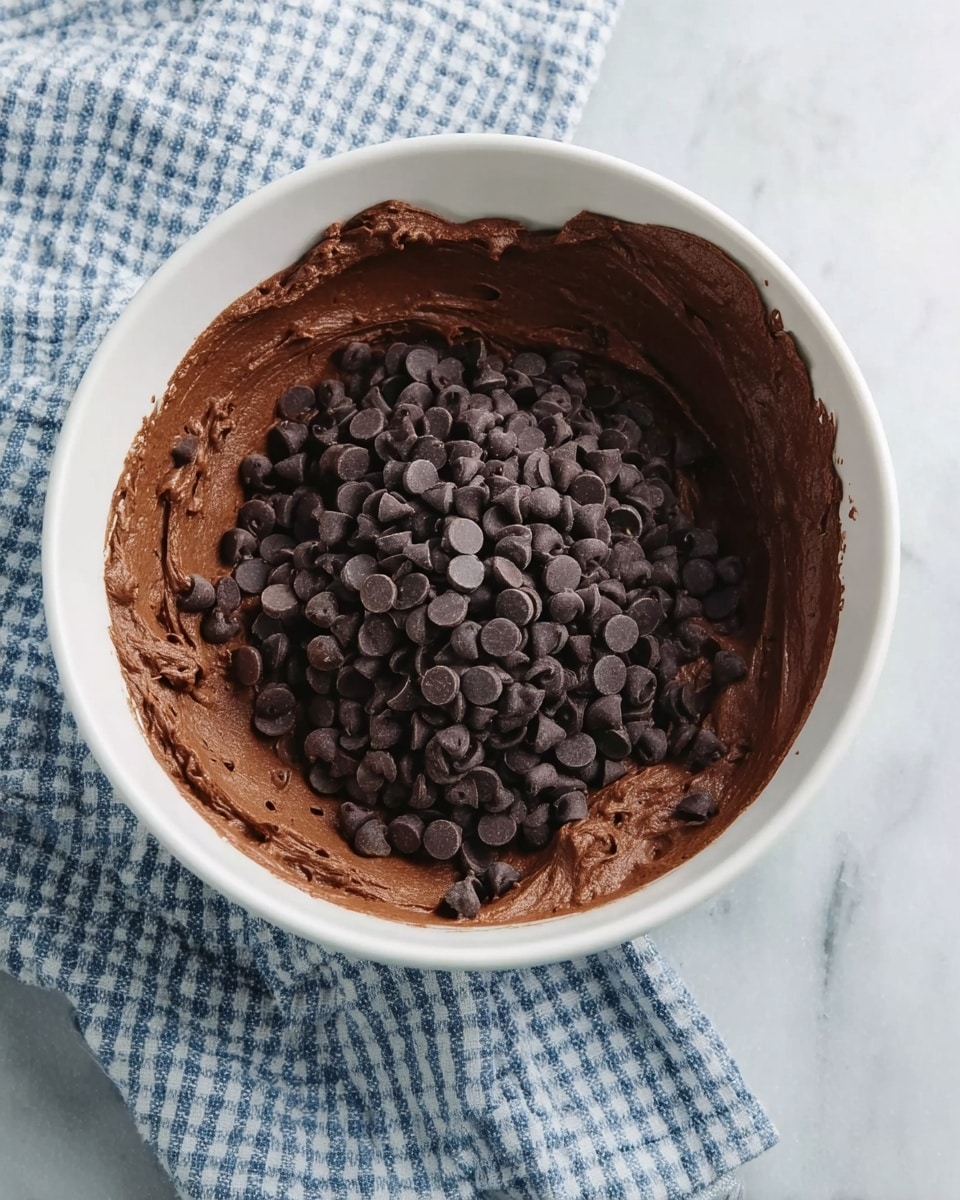 A white bowl filled with thick, smooth chocolate batter that covers the sides and bottom of the bowl. On top of the batter, there is a large pile of small, dark chocolate chips. The bowl is sitting on a white marbled surface next to a blue and white checkered cloth. photo taken with an iphone --ar 4:5 --v 7
