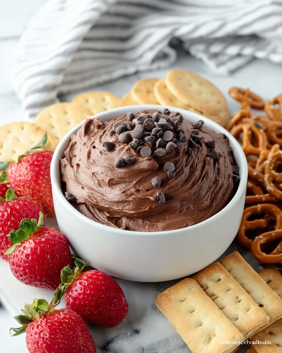 A white bowl filled with a thick, smooth layer of chocolate dip swirled on top, sprinkled with small dark chocolate chips. Around the bowl, there are fresh red strawberries with green leaves, light brown round cookies, square graham crackers, and twisted pretzels arranged on a white marbled surface. A white and gray striped cloth is softly folded in the background. Photo taken with an iphone --ar 4:5 --v 7