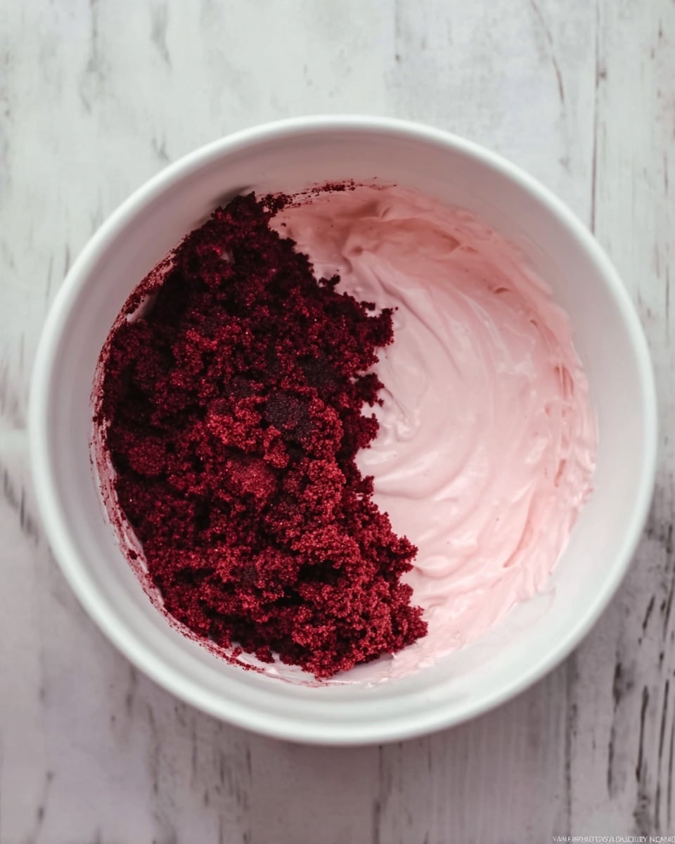 A white mixing bowl filled with two layers inside, the left side showing a deep dark red crumbly layer while the right side displays a smooth, light pink creamy layer. The bowl itself is set on a white marbled surface, and the contrast between the dark and light layers is clear and distinct. Photo taken with an iphone --ar 4:5 --v 7