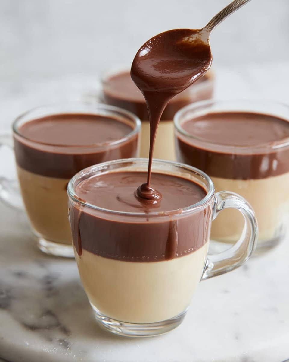 There are four clear glass cups filled with two layers of liquid, with the bottom layer being a light beige color and the top layer a smooth, dark brown chocolate color. A spoon held above the front cup is dripping the chocolate layer into the cup, creating a small drip on the white marbled surface beneath. The cups have handles and sit on a white marbled surface, and the liquid layers are clean and distinct with the chocolate layer being thicker and glossy. Photo taken with an iphone --ar 4:5 --v 7