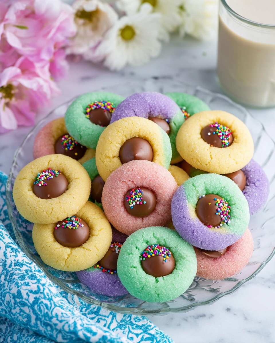 A round clear glass plate filled with two layers of colorful thumbprint cookies on a white marbled surface. Each cookie has a soft sugar-coated outer ring in pastel shades of yellow, pink, purple, green, and blue. The cookies have a smooth, round chocolate drop in the center. Some cookies have multicolored tiny candy sprinkles on the sugar ring. Around the plate are white and pink flowers, and a cup of milk is partly visible on the right. A blue and white patterned cloth is placed on the bottom right corner. Photo taken with an iphone --ar 4:5 --v 7