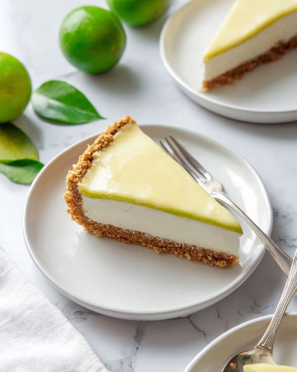 The image shows a slice of pie on a white plate with a fork beside it. The pie has three layers: a crumbly light brown crust at the bottom, a thick white middle layer, and a smooth light yellow top layer. The crust edges are slightly rough where it meets the plate. The plate sits on a white marbled surface, and there are two whole green limes and some green leaves in the background. Another white plate with a similar slice of pie and a spoon is partially visible at the bottom right corner of the image. Photo taken with an iphone --ar 4:5 --v 7